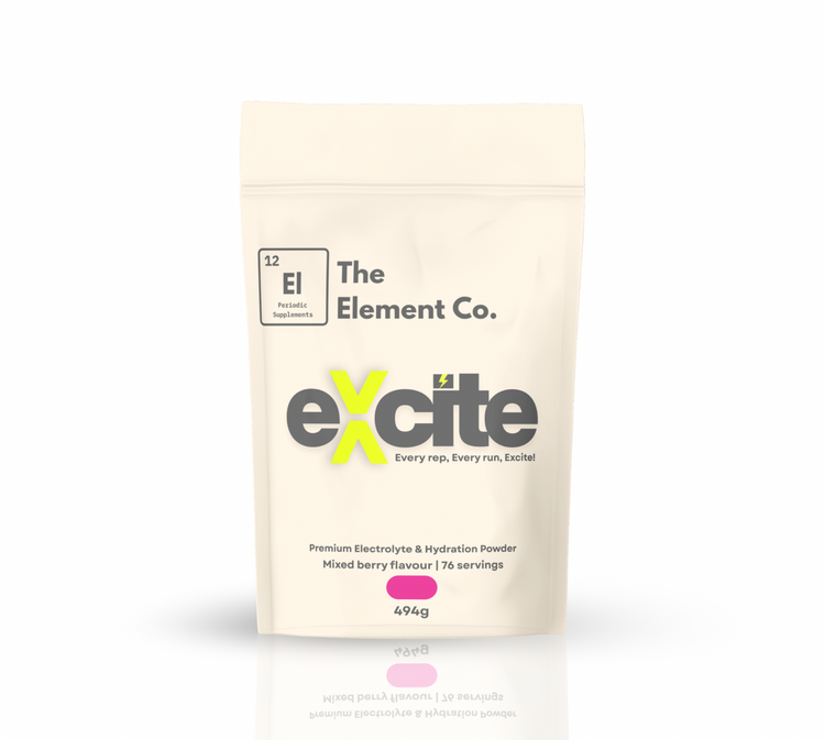 eXcite electrolyte powder pouch, mixed berry flavour, 494g